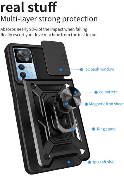Xiaomi Mi 12T Pro Kılıf Ultra Korumalı Yüzüklü Manyetik Sürgülü Vega Kapak