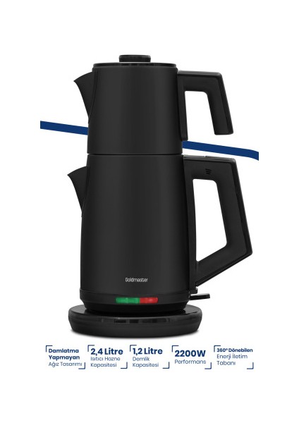 Akasya Siyah XL 2200 Watt Patentli Damlatmayan Tasarımı Paslanmaz Çelik Çay Makinesi ve Su Isıtıcısı