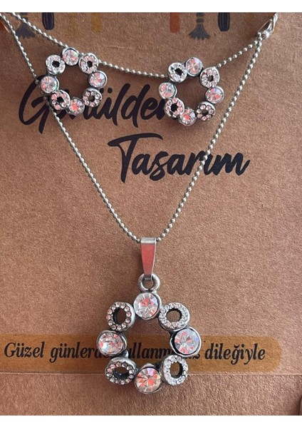 Zirkon Taşlı Tasarım Küpe ve Kolye Seti