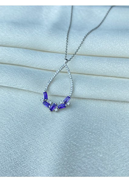 925 Ayar Gümüş Büyük Boy Mor Taşlı Damla Kolye