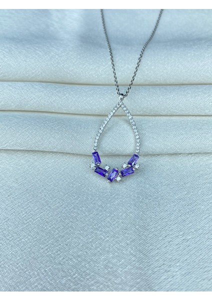 925 Ayar Gümüş Büyük Boy Mor Taşlı Damla Kolye fiyatları