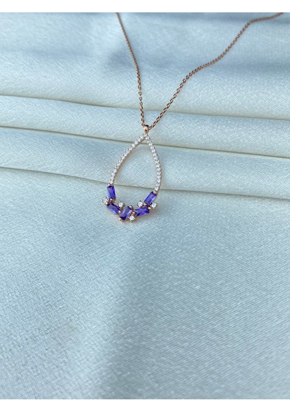 925 Ayar Gümüş Büyük Boy Mor Taşlı Damla Kolye