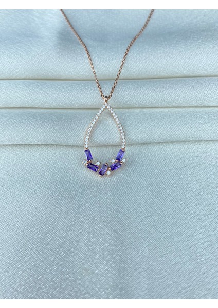 925 Ayar Gümüş Büyük Boy Mor Taşlı Damla Kolye fiyatları