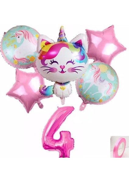 Unicorn Kedi Kitty Rakam Konsept Yaş Balon Doğum Günü Set Yaş Balon Set