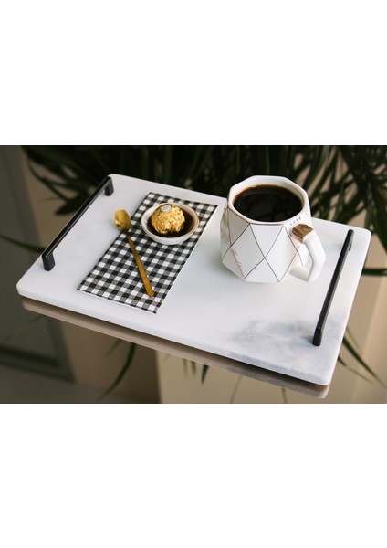 Doğal Mermer Sunumluk Dikdörtgen Kulplu Tepsi 30X20 cm