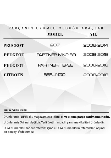 Alpha Auto Part Peugeot 207, Partner, Tepee ve Citroen Berlingo Için Cam Düğme Kapağı Sol