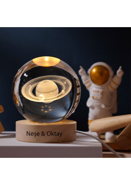 Büyük Boy Işıklı Ahşap Kaideli Satürn Cam Küre 8cm