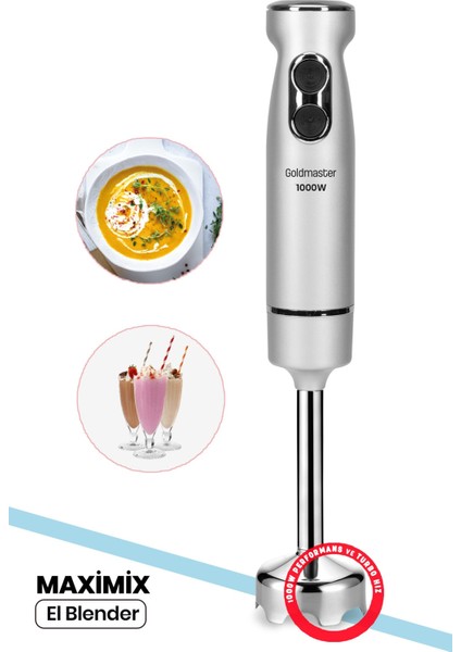 Maximix Silver 1000 Watt 4 Bıçaklı Paslanmaz Çelik Turbo Hız Ayarlı El Blender GM-7244S