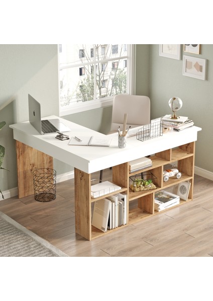 Tywin Kitaplık Raflı Çalışma Masası Çam-Beyaz