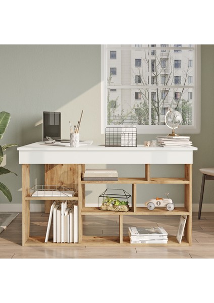 Tywin Kitaplık Raflı Çalışma Masası Çam-Beyaz fiyatları