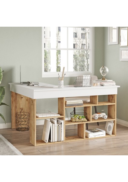 Tywin Kitaplık Raflı Çalışma Masası Çam-Beyaz fırsatları