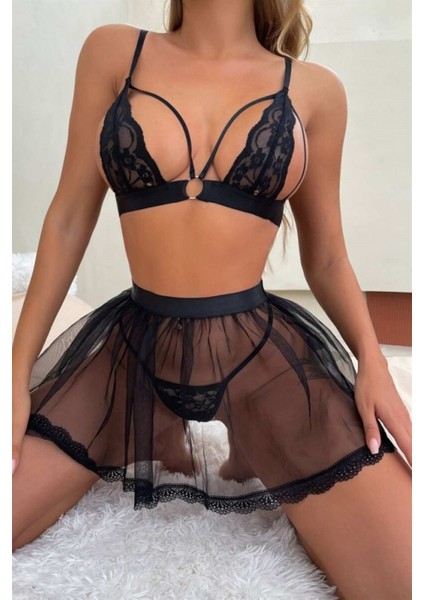 Kadın Askılı Babydoll Sütyen String ve Etek Hediyeli Fantazi Gecelik ZRFBTQ160093