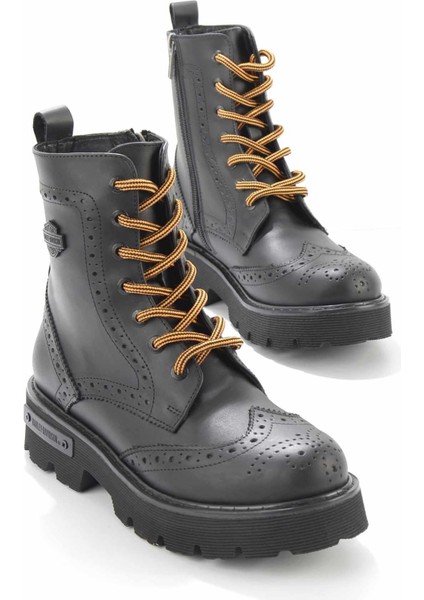 Black Leather Kadın Bot & Bootie HD0777057503