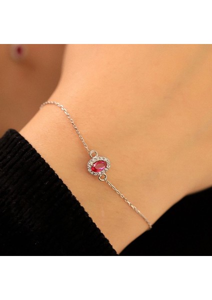 925 Ayar Gümüş Ruby Taşlı Oval Bileklik