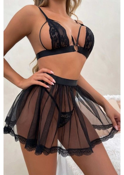 Kadın Askılı Babydoll Sütyen String ve Etek Hediyeli Fantazi Gecelik ZRFBTQ160093