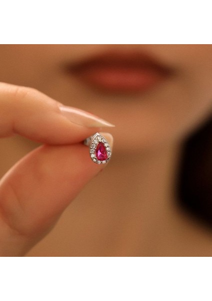 925 Ayar Gümüş Ruby Taşlı Damla Küpe