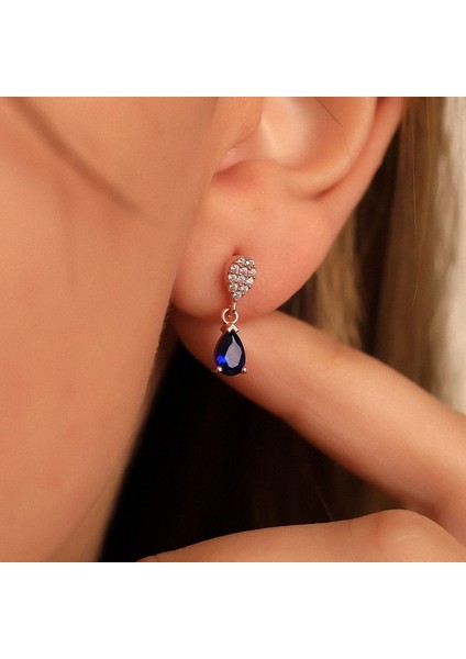 925 Ayar Gümüş Safir Taşlı Damla Küpe modelleri