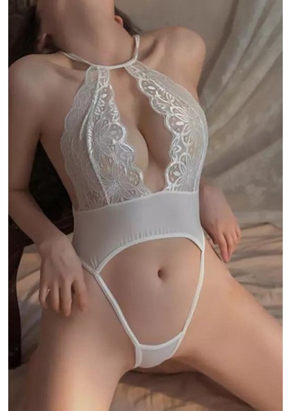 Beyaz Göğüs Dekolteli Göbeği Açık Babydoll 15004