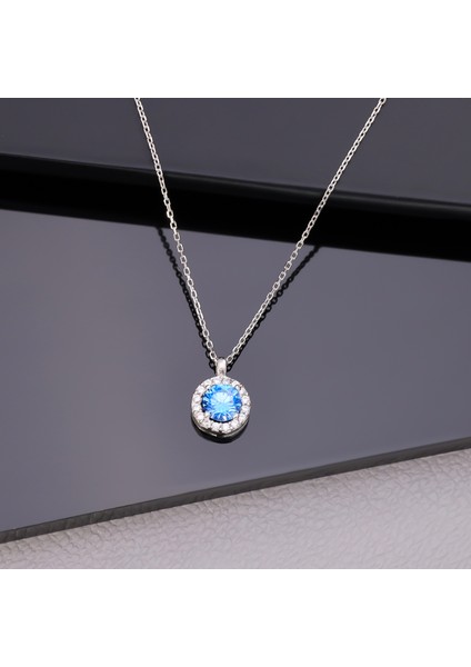 925 Ayar Gümüş Aquamarine Taşlı Yuvarlak Kolye
