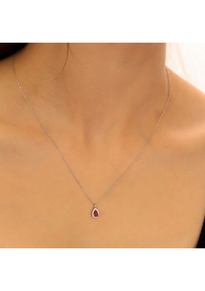 925 Ayar Gümüş Ruby Taşlı Damla Kolye