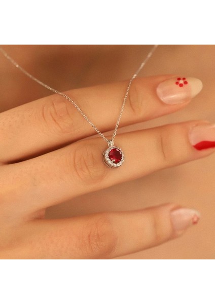 925 Ayar Gümüş Kırmızı Taşlı Yuvarlak Kolye fiyatları