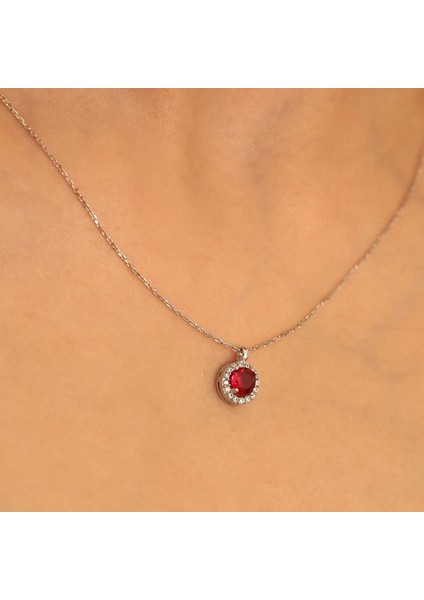 925 Ayar Gümüş Kırmızı Taşlı Yuvarlak Kolye modelleri