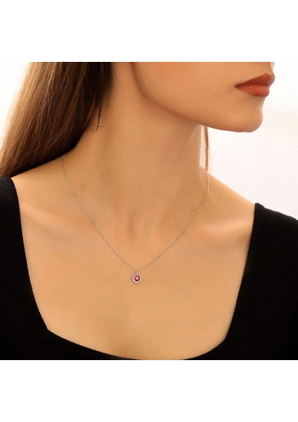 925 Ayar Gümüş Kırmızı Taşlı Yuvarlak Kolye fırsatları