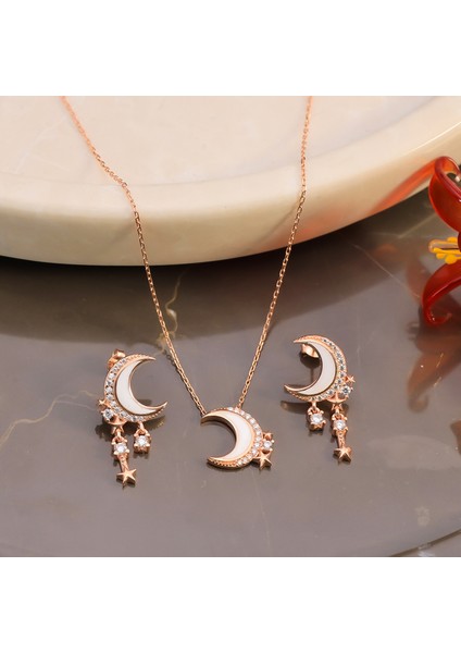 925 Ayar Gümüş Sedefli Yıldız Sallantılı Ay Set