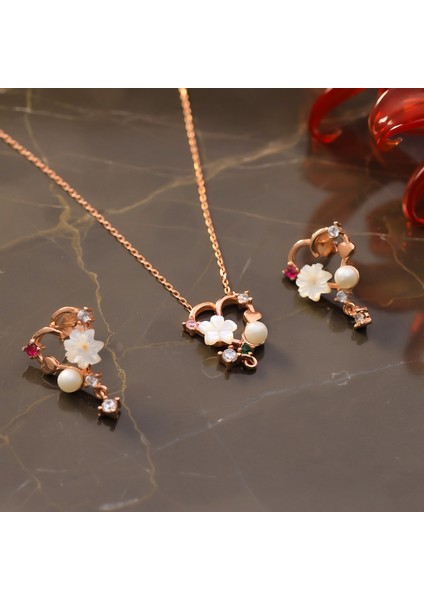 925 Ayar Gümüş Taş Sallantılı Manolya Kolye Küpe Set