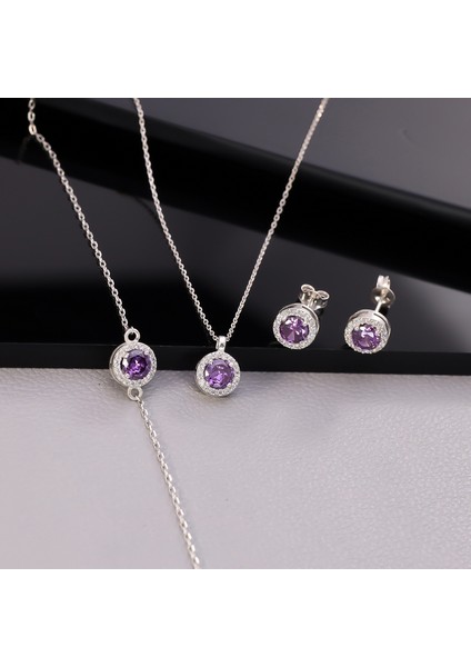 925 Ayar Gümüş Ametist Taşlı Yuvarlak Set