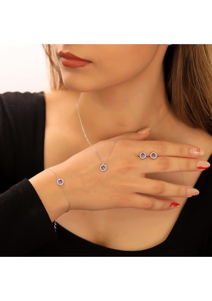 925 Ayar Gümüş Ametist Taşlı Yuvarlak Set