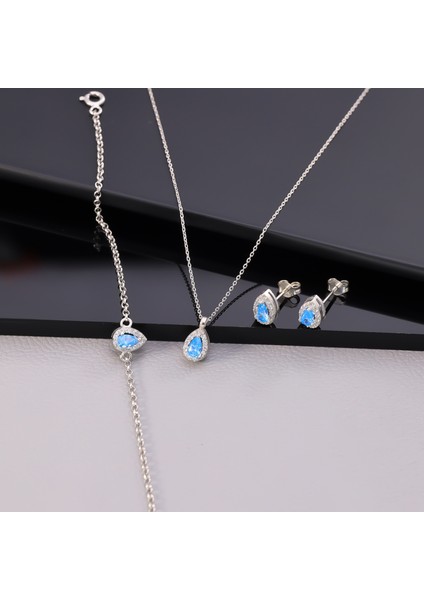 925 Ayar Gümüş Aquamarine Taşlı Damla Set