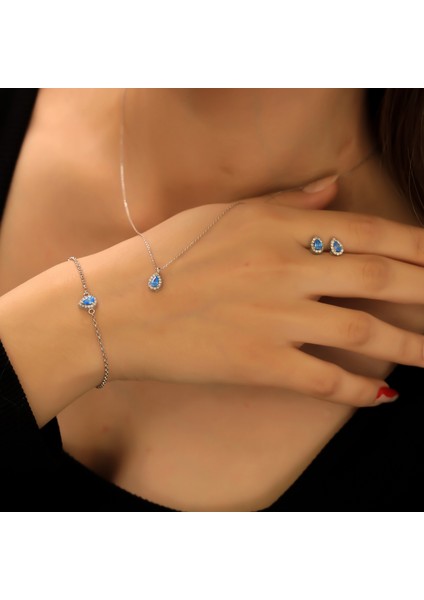 925 Ayar Gümüş Aquamarine Taşlı Damla Set modelleri