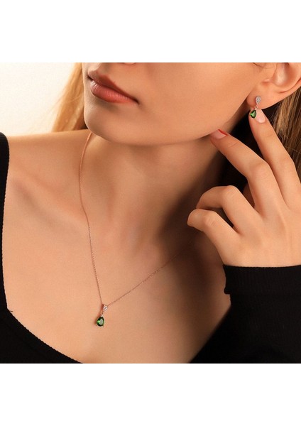 925 Ayar Gümüş Yeşil Taşlı Damla Set modelleri