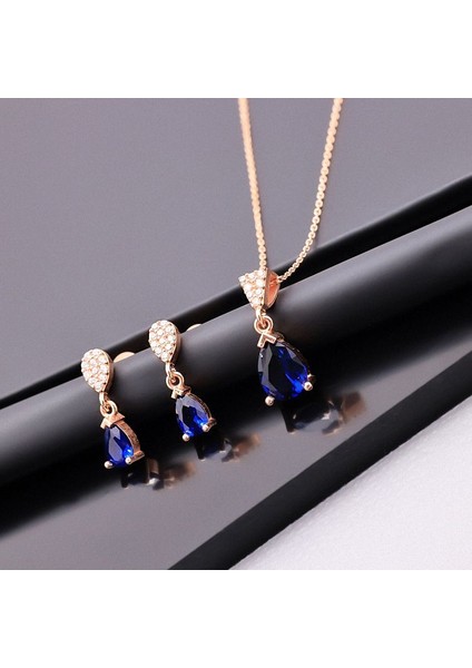 925 Ayar Gümüş Safir Taşlı Damla Kolye Küpe Set