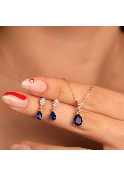 925 Ayar Gümüş Safir Taşlı Damla Kolye Küpe Set fiyatları