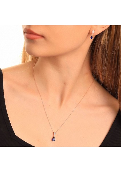 925 Ayar Gümüş Safir Taşlı Damla Kolye Küpe Set modelleri