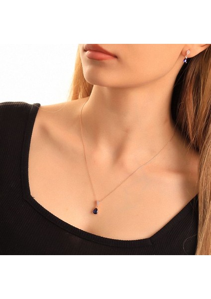 925 Ayar Gümüş Safir Taşlı Damla Kolye Küpe Set fırsatları