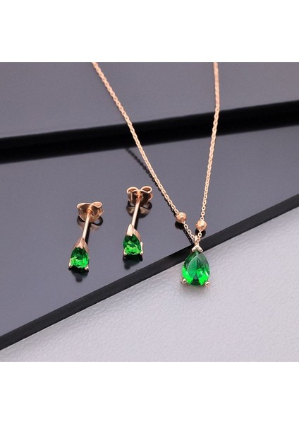 925 Ayar Gümüş Yeşil Taşlı Damla Kolye Küpe Set