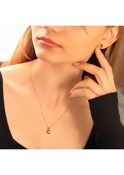 925 Ayar Gümüş Yeşil Taşlı Damla Kolye Küpe Set fiyatları