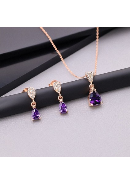 925 Ayar Gümüş Ametist Taşlı Damla Kolye Küpe Set