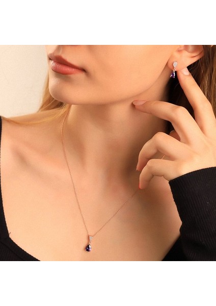 925 Ayar Gümüş Ametist Taşlı Damla Kolye Küpe Set fiyatları