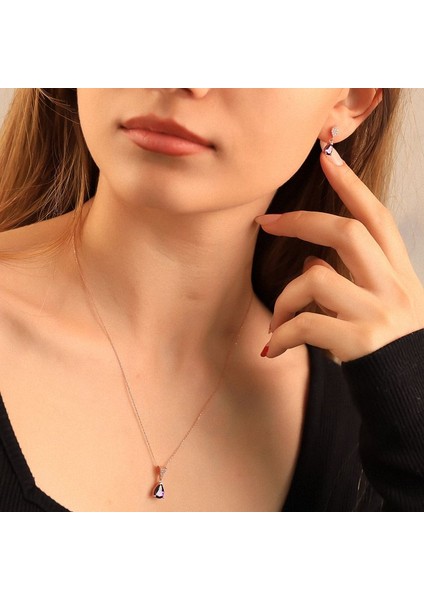 925 Ayar Gümüş Ametist Taşlı Damla Kolye Küpe Set modelleri