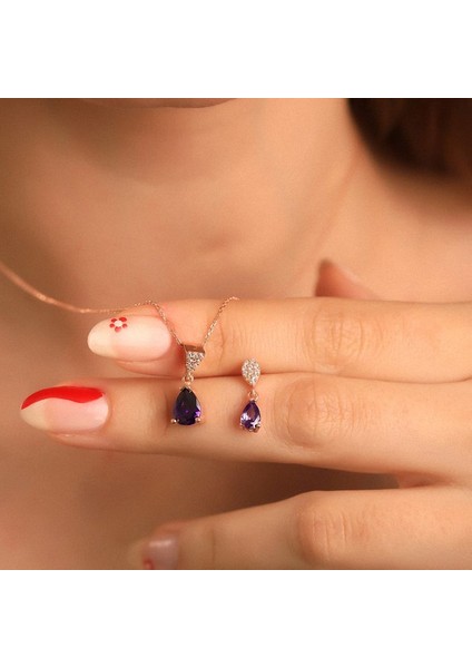 925 Ayar Gümüş Ametist Taşlı Damla Kolye Küpe Set fırsatları