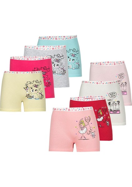 Jel Kız Çocuk Pamuklu Desenli Boxer 10'lu Paket Karışık Renk Likralı Baskılı