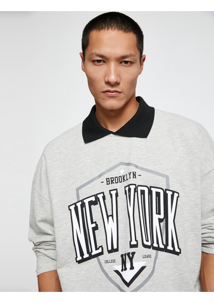 Kolej Sweatshirt Gömlek Yaka Detaylı Uzun Kollu Baskılı