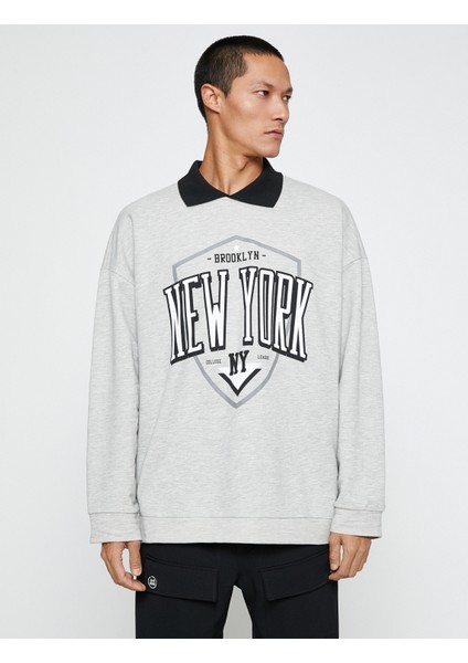 Kolej Sweatshirt Gömlek Yaka Detaylı Uzun Kollu Baskılı