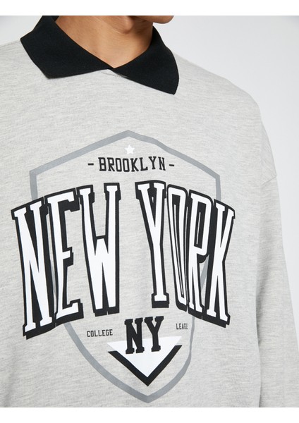 Kolej Sweatshirt Gömlek Yaka Detaylı Uzun Kollu Baskılı