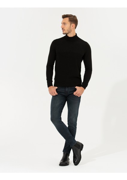 Erkek Siyah Slim Fit Balıkçı Yaka Triko Kazak 50265422-VR046