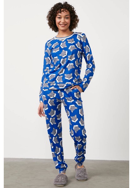 Termal Kumaş Triko Kombinli Pijama Takım - Saks